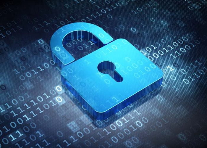 Safety concept: Blue Closed Padlock on digital background, 3d render